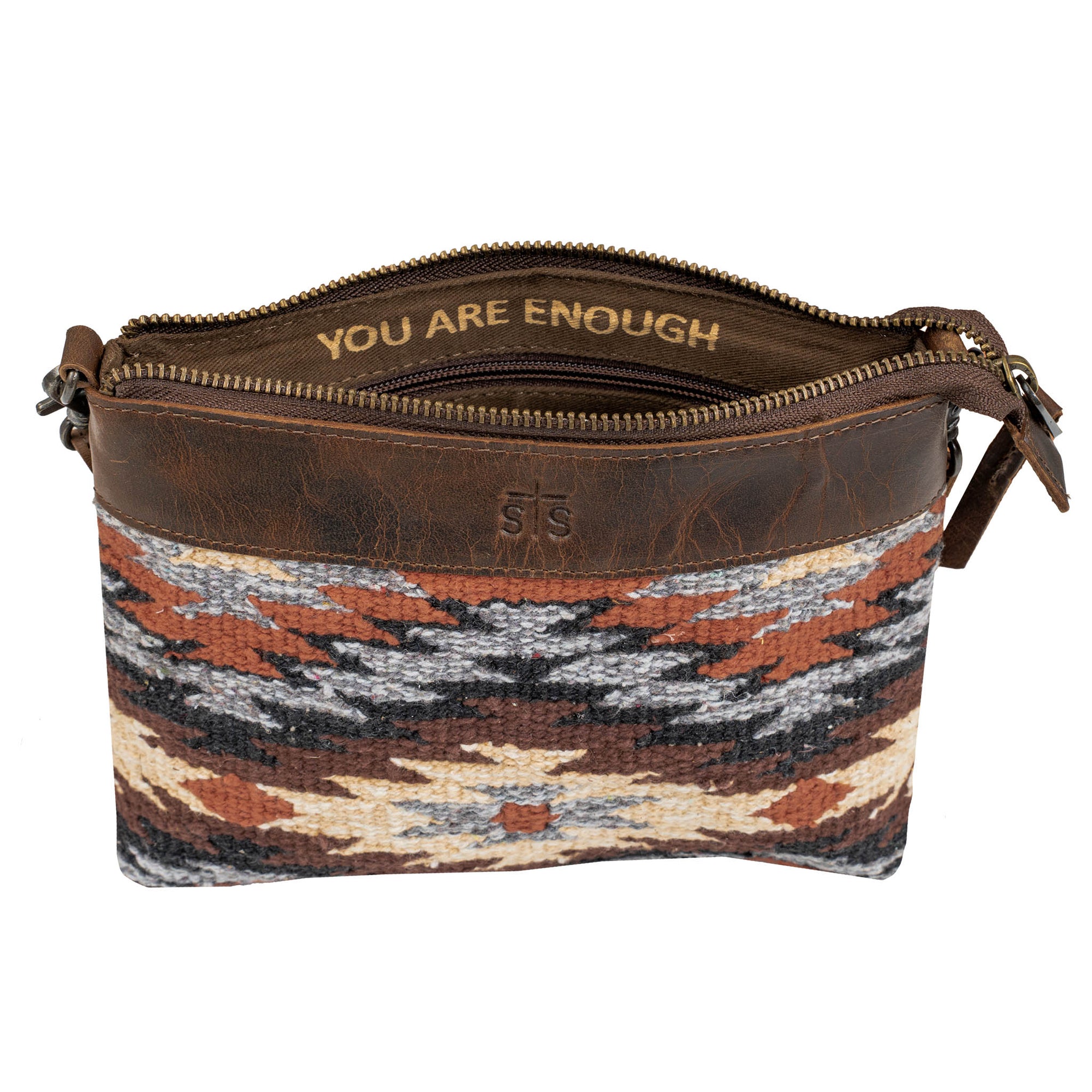 Small pouch with patterned front and brown leather top, featuring 'You Are Enough' text.