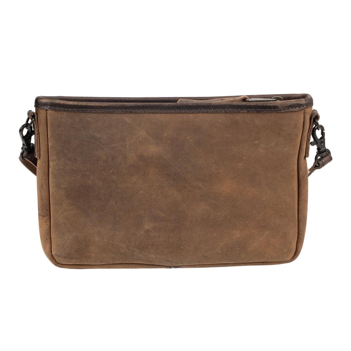 back of our leather crossbody with top zip closure and adjustable strap on white 