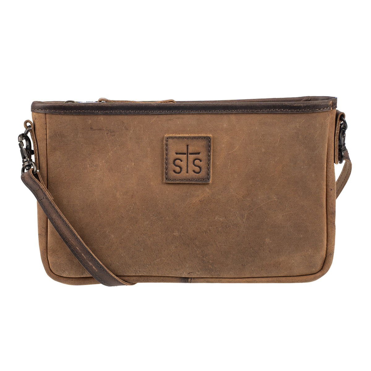 leather crossbody with top zip closure and adjustable strap on white background