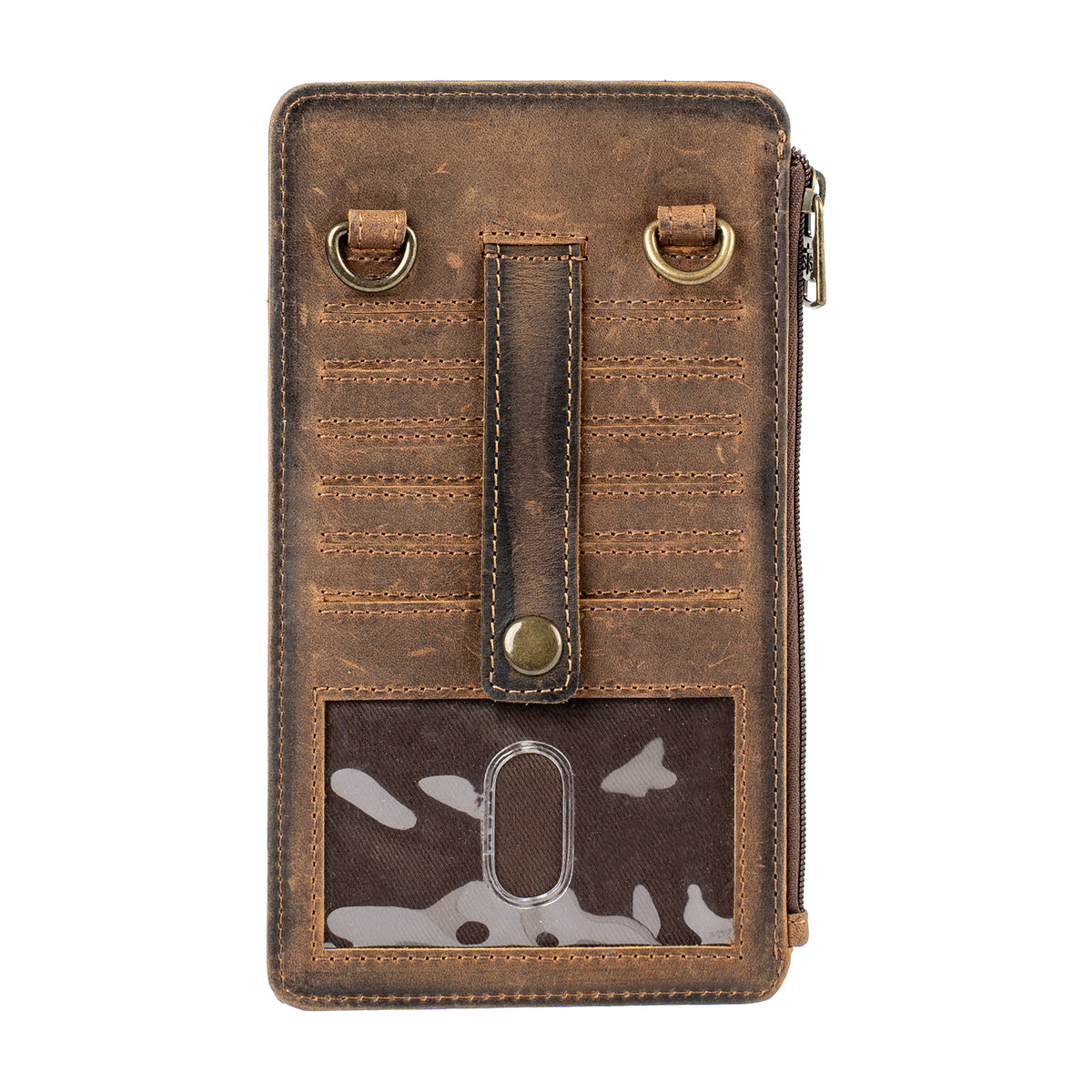 back of our leather phone sling with zip around closure, snap flap for phone, and adjustable crossbody strap on white background