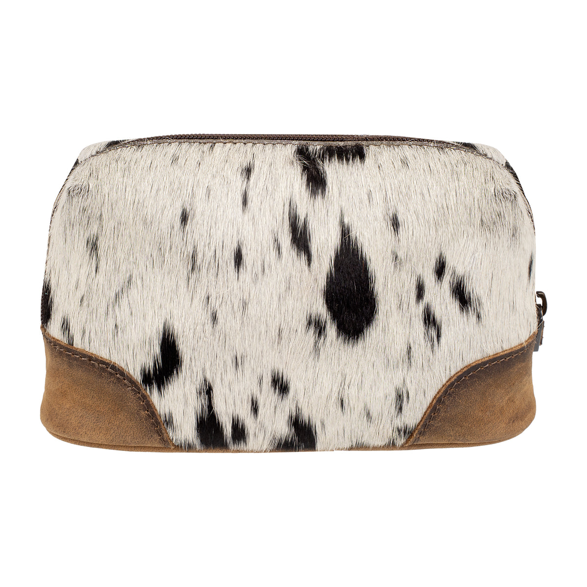 Back view of a small zippered cosmetic pouch with a black and white cowhide pattern and brown leather trim.