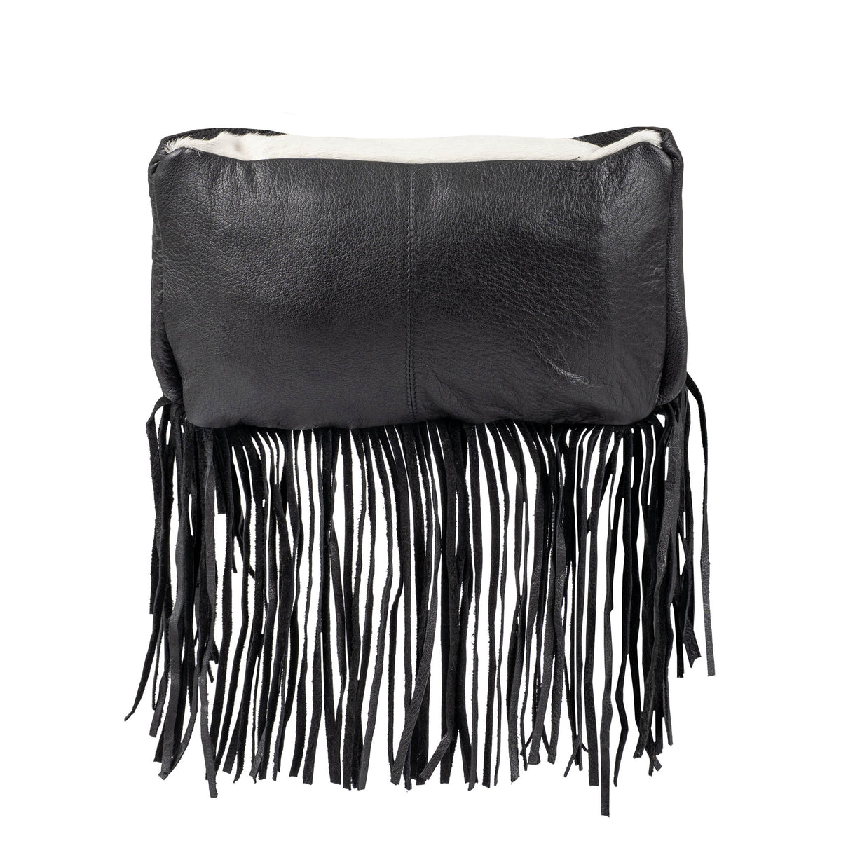 Black leather clutch with fringes on a white background