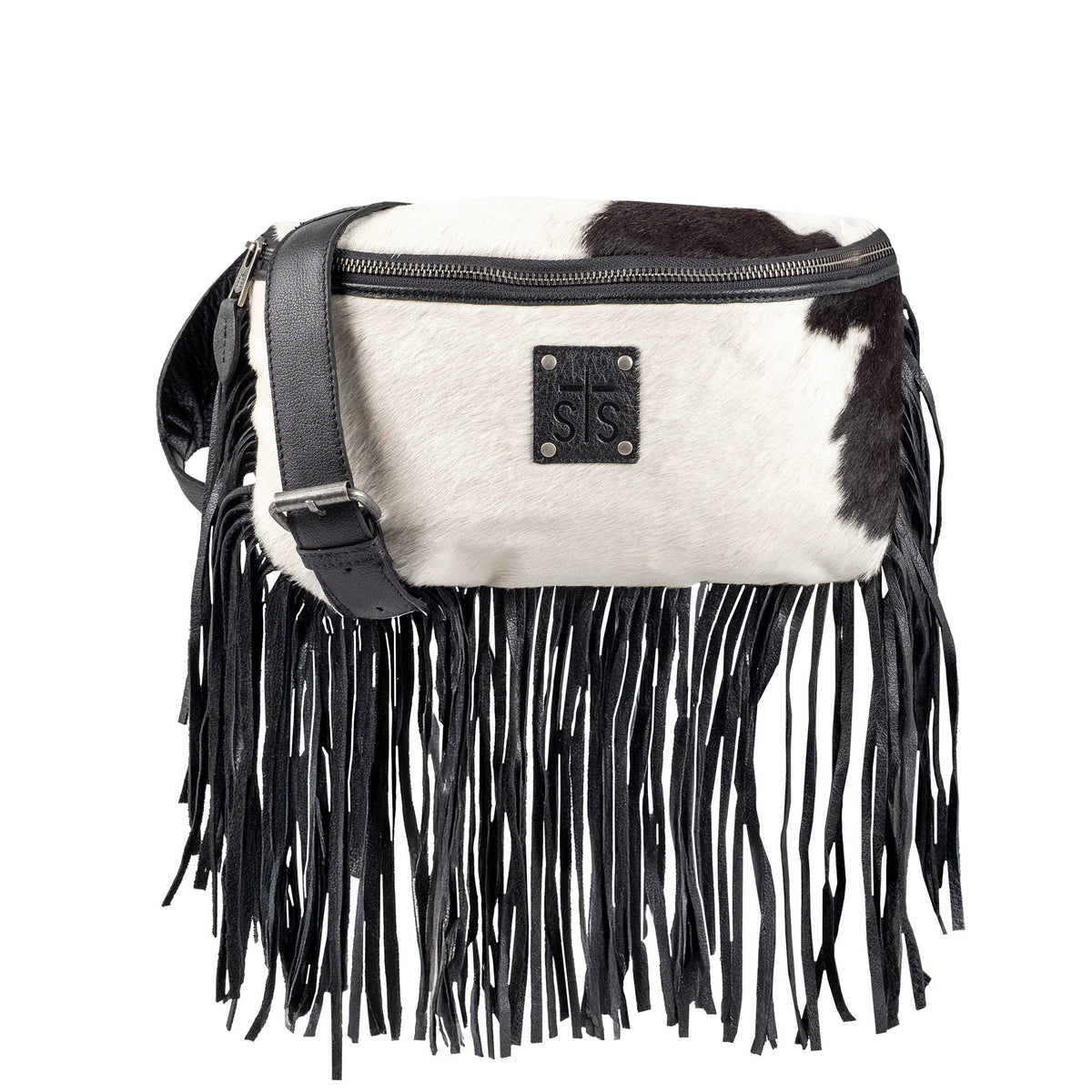 Black and white fringed bag with visible brand logo on a white background