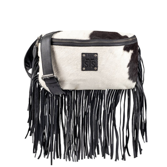 Black and white fringed bag with visible brand logo on a white background