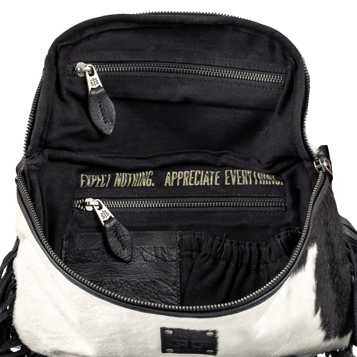 Black backpack with text and fringes on a white background