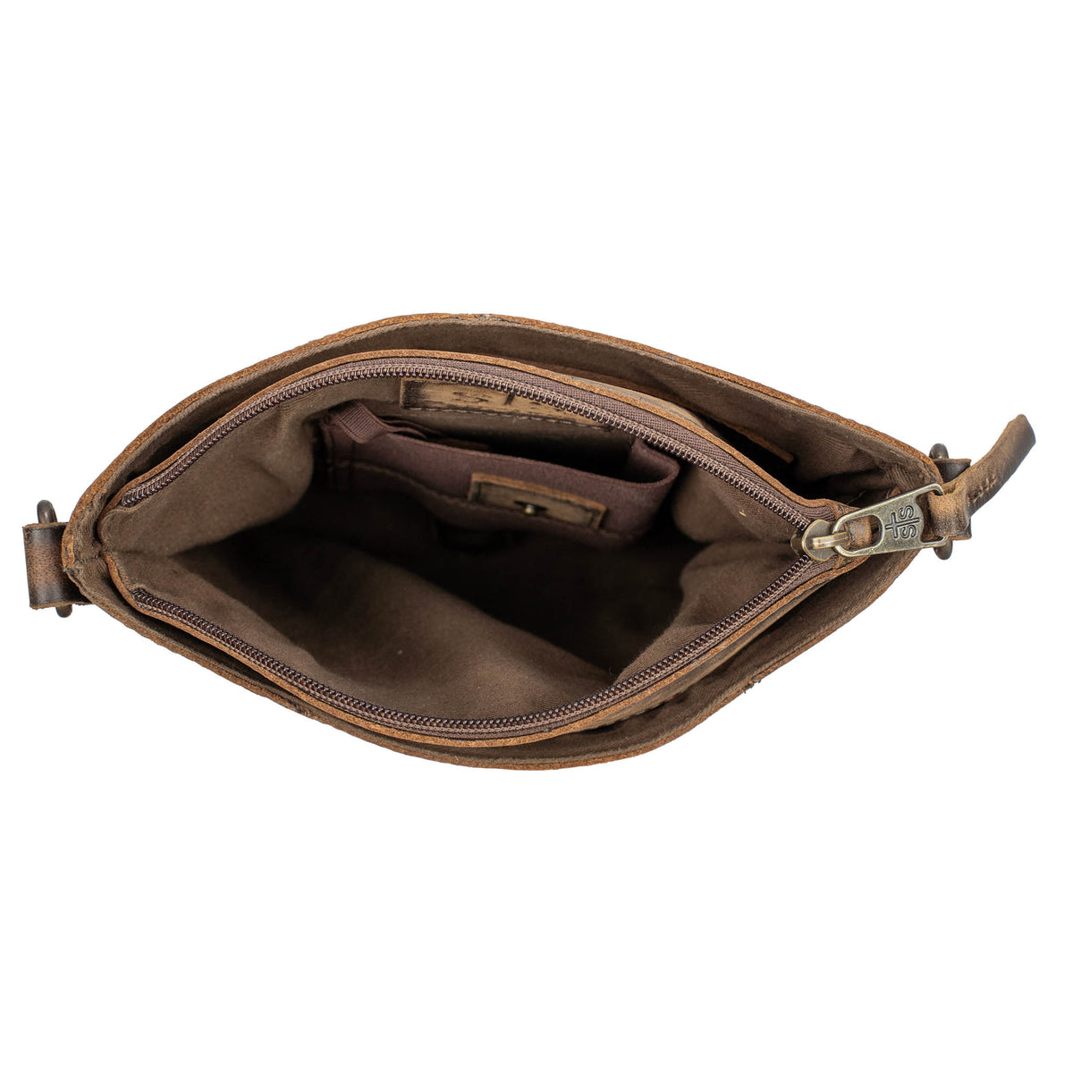 Over head inside view of the storage in a leather crossbody purse on a white background.