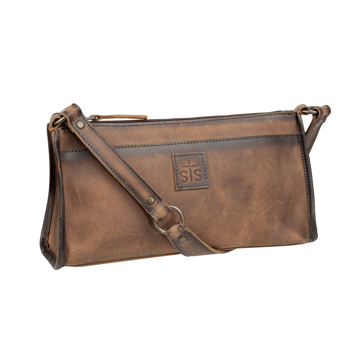 Front side view of a leather shoulder bag with STS patch on a white background.