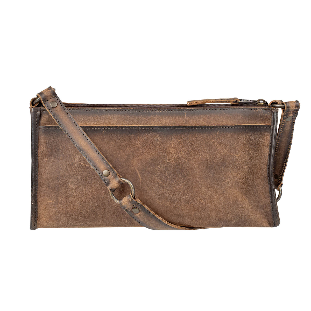 Back of a leather shoulder bag on a white background.