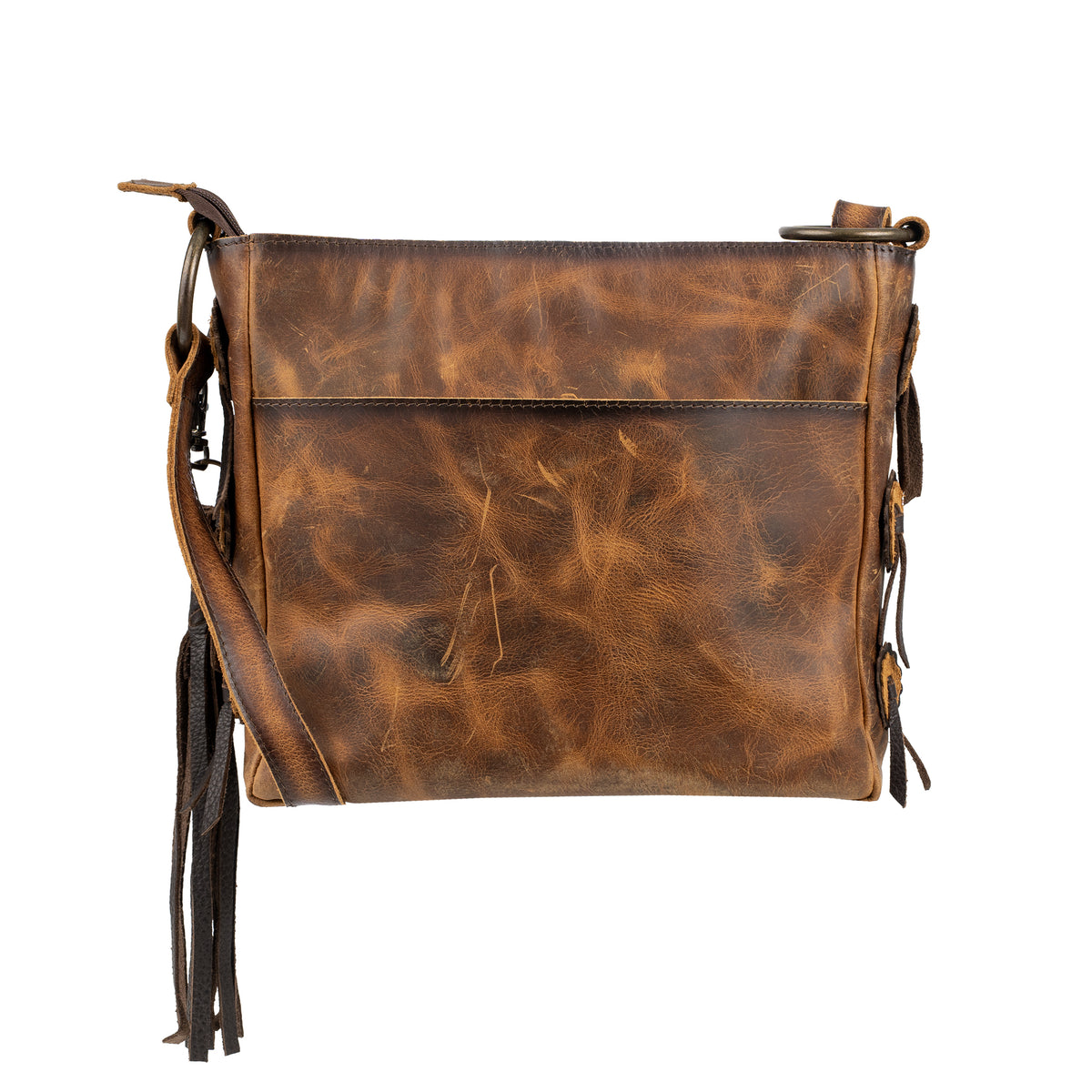 back of our Cowhide and distressed full grain leather purse with top zip closure, magnetic side closure adjustable crossbody strap and removable tassel on white background