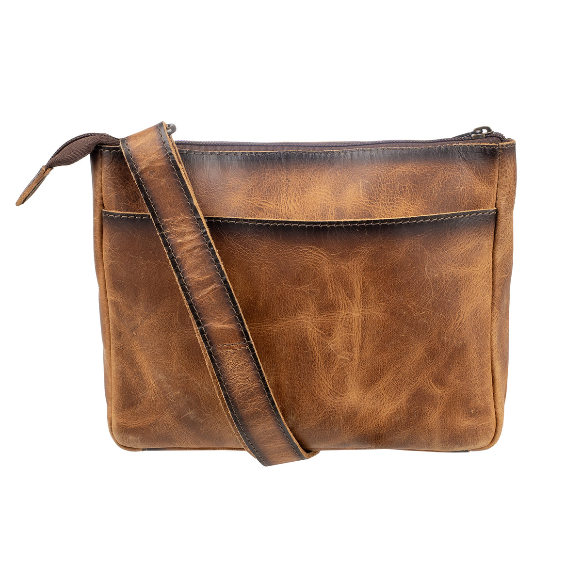 back of our Cowhide and distressed full grain leather purse with multiple zip closures and adjustable crossbody strap on white background