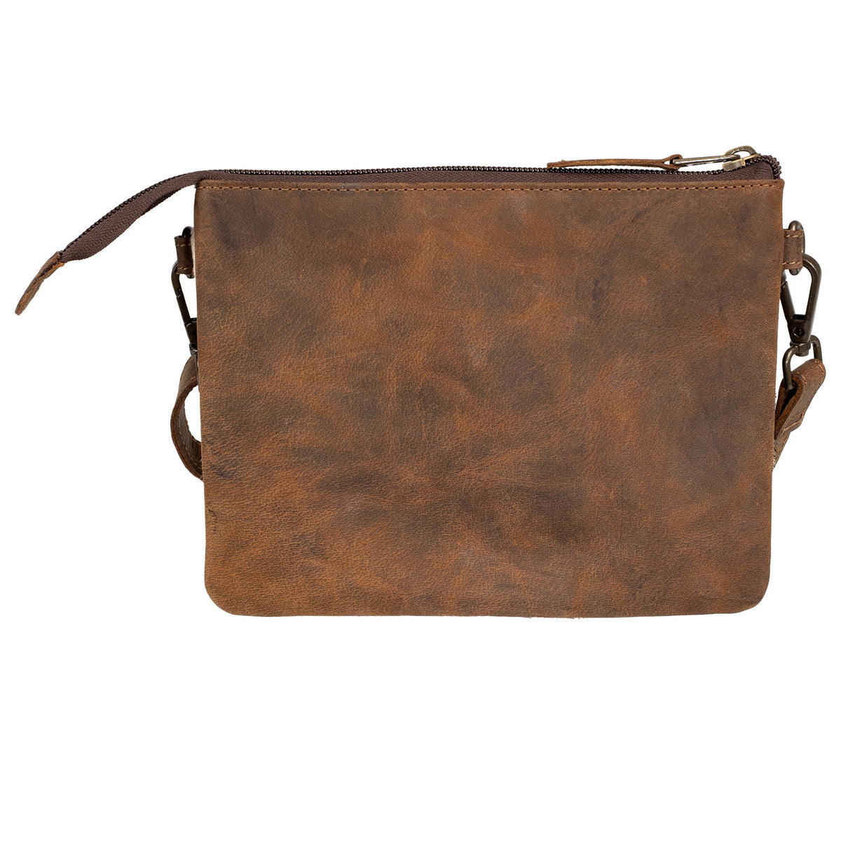 The back of a leather crossbody purse on a white background.