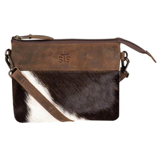 A cowhide and STS embossed leather crossbody purse on a white background.