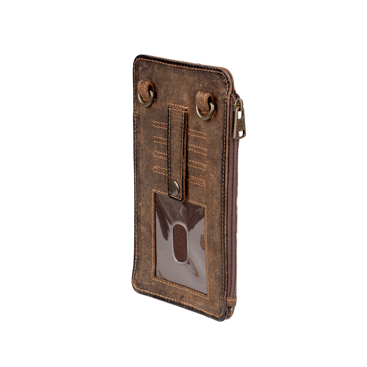 Back angled view of leather phone sling with ID slot and card slots.