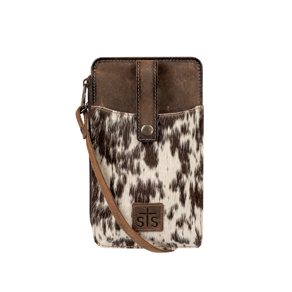 Brown leather phone sling with cowhide accents, snap flap for phone and adjustable crossbody strap.