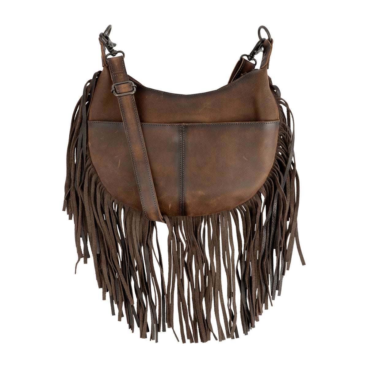 back of our leather and cowhide crescent bag with fringe along the bottom on white background