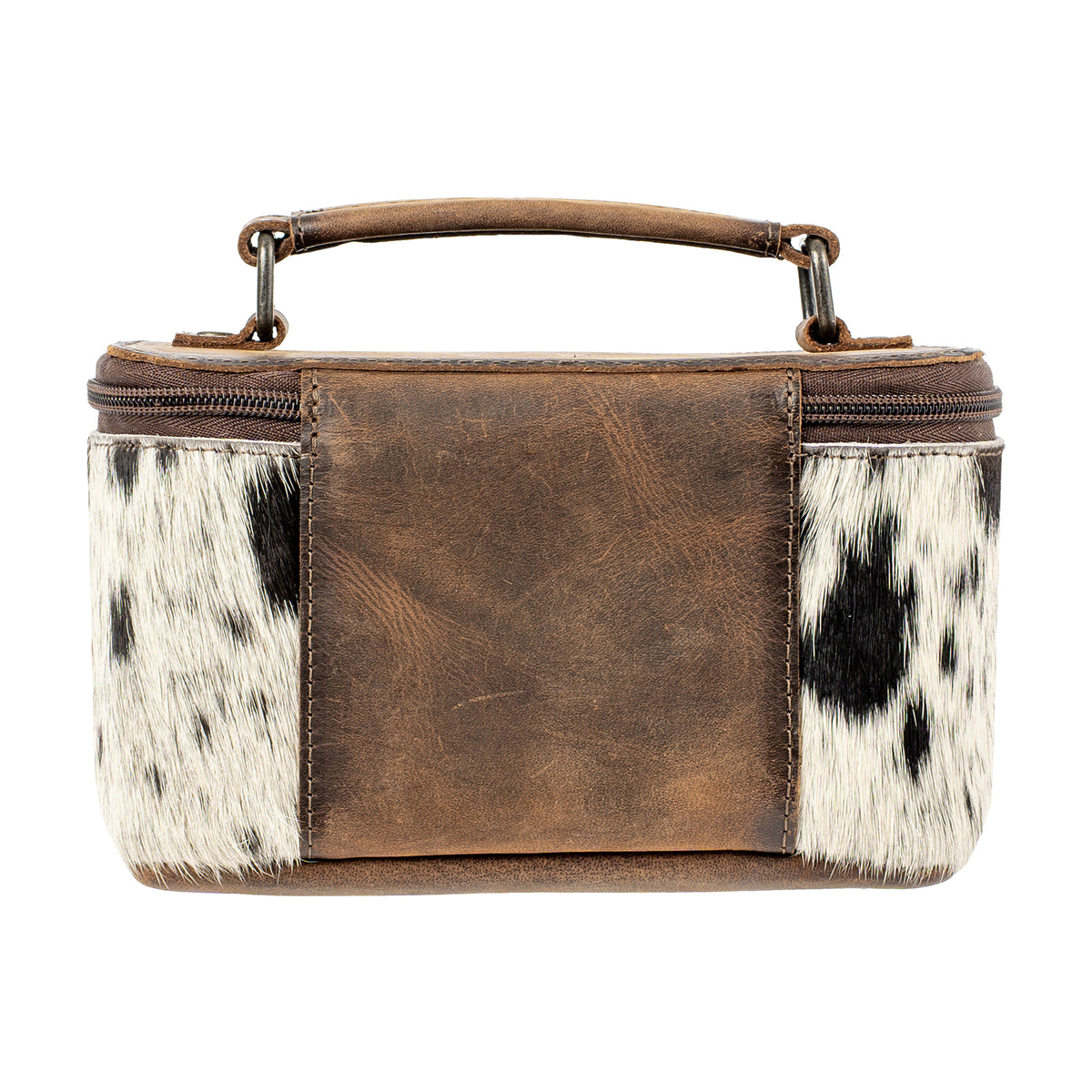 back of our leather and cowhide petite train case with double zip closure with tassels and a top carry handle on white background 