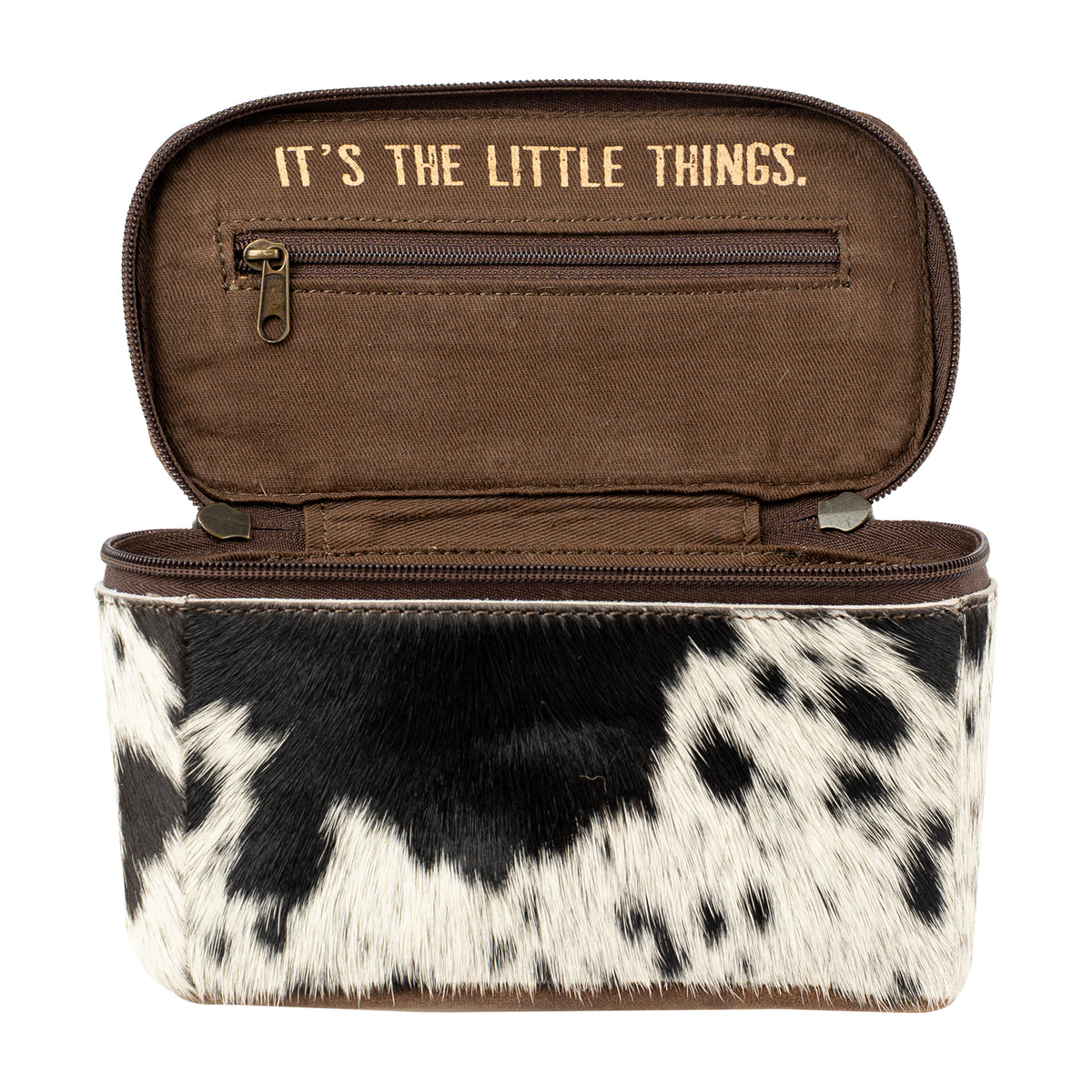 open view of our leather and cowhide petite train case with double zip closure with tassels and a top carry handle on white background 