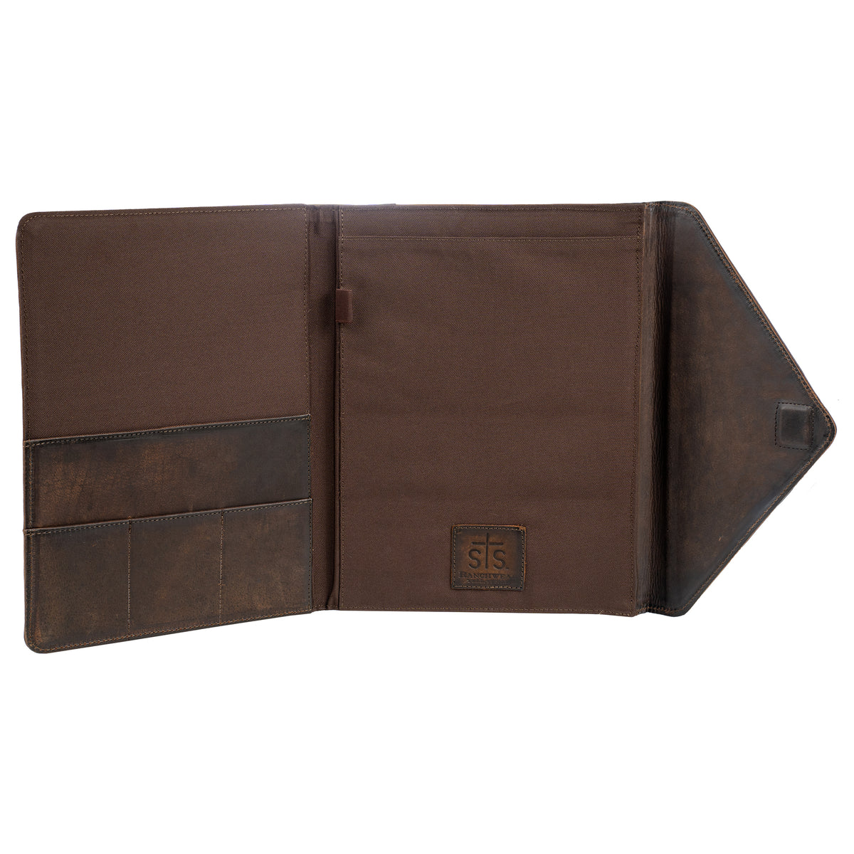 fully open view of our leather and cowhide magnetic closure envelope binder on white background