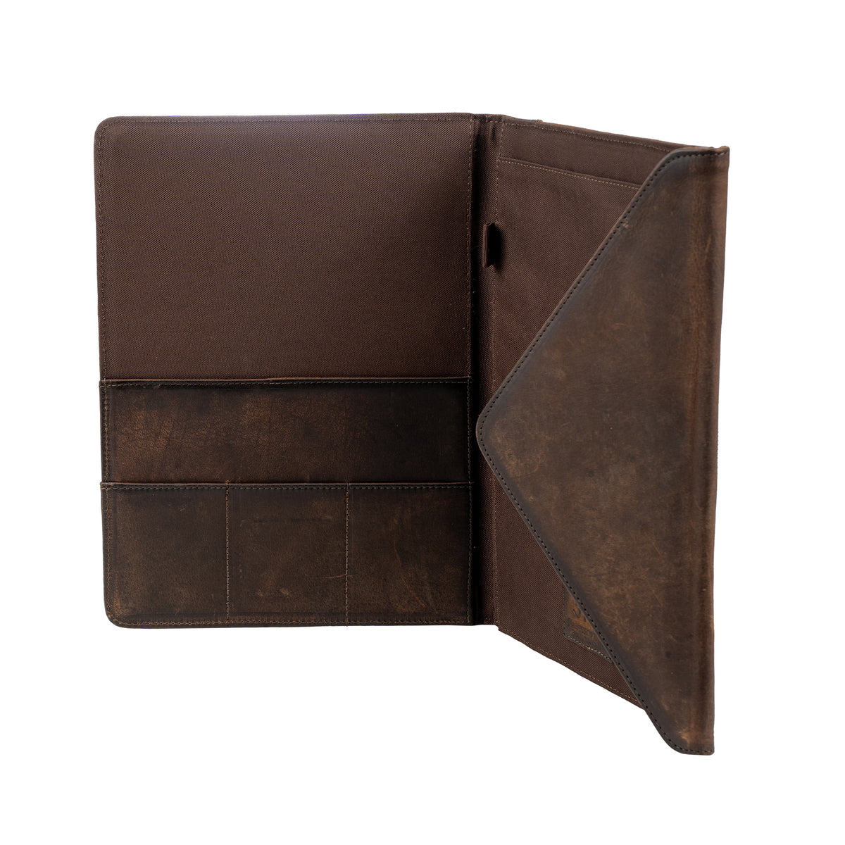 side open view of our leather and cowhide magnetic closure envelope binder on white background