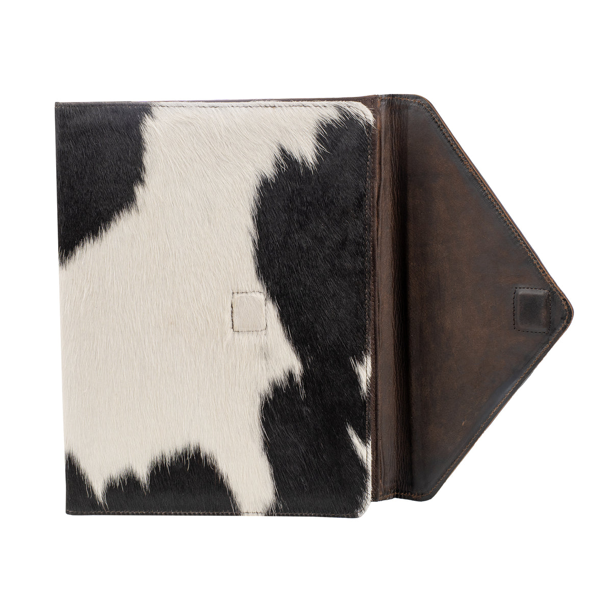 partially opened leather and cowhide magnetic closure envelope binder on white background