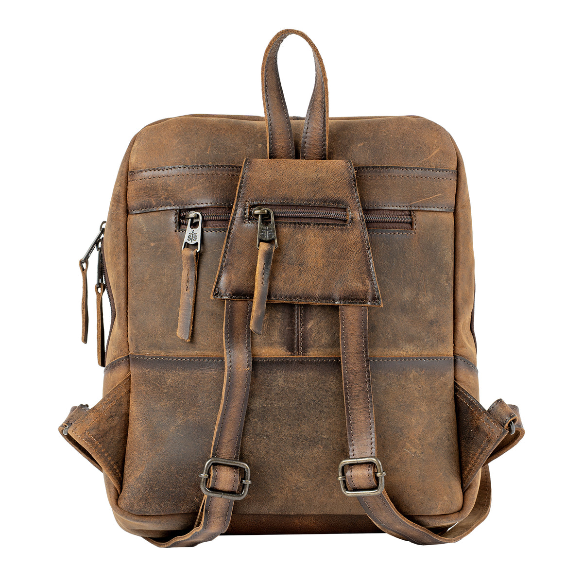 back of our full grain leather and cowhide backpack with double zip around closure, top carry handle and adjustable straps on white background