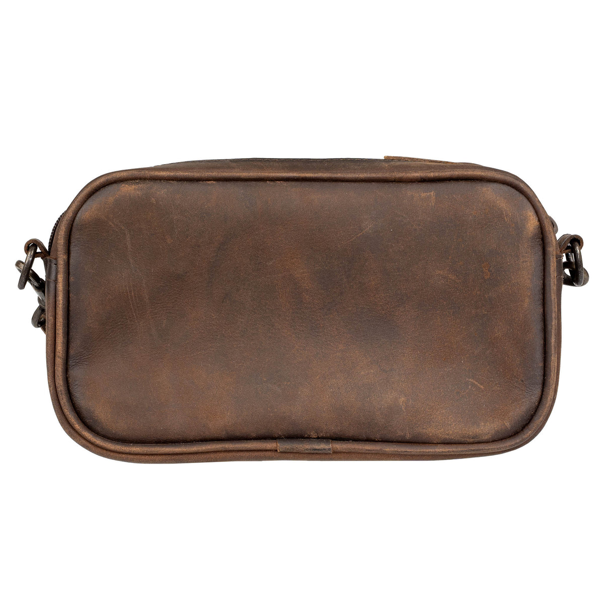 back of a leather crossbody purse on a white background