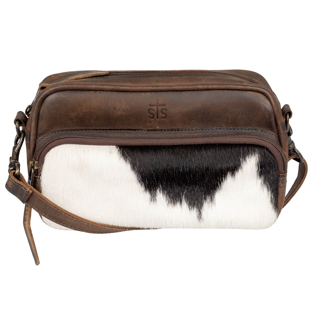 A cowhide and STS embossed leather crossbody purse on a white background.