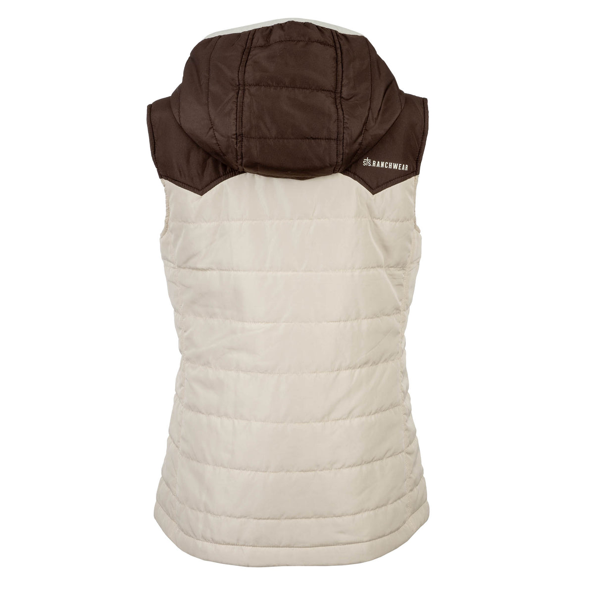 Beige puffer vest with brown hood on a white background.