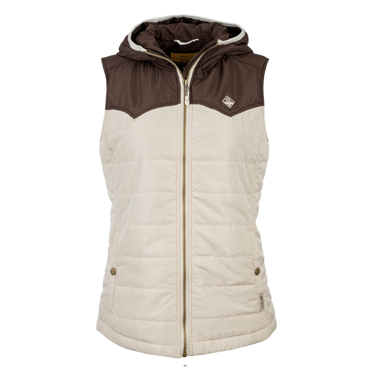 Beige puffer vest with brown hood and yoke featuring zip front closure and snap hand warming pockets.
