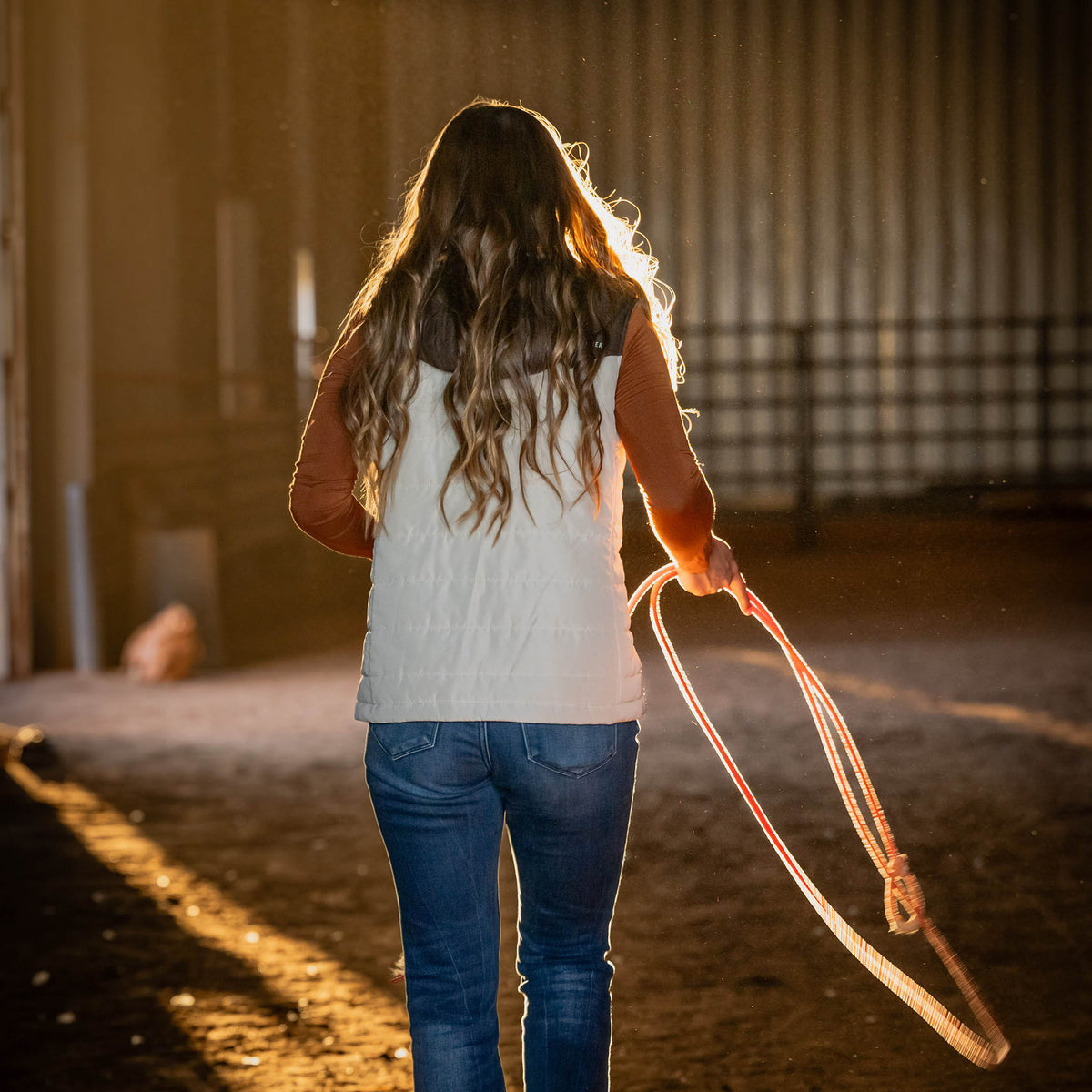 Person facing away holding a lasso in a barn at sunset.
