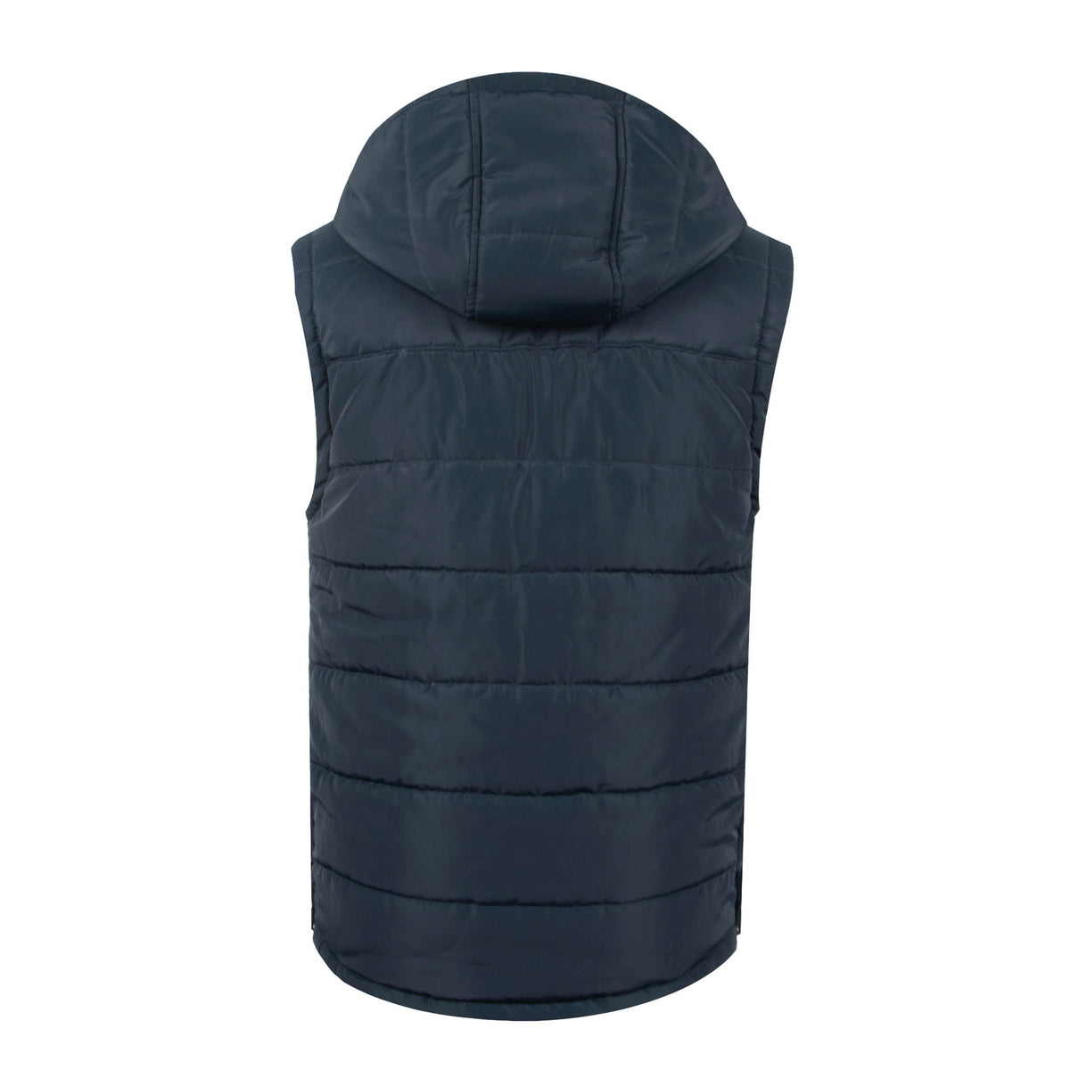 Back of a navy puffer style women's vest with hood displayed on a white background.