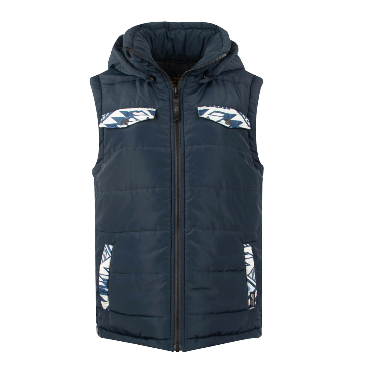 A navy puffer style women's vest with zip front closure, hood and decorative aztec accents on chest and hand pockets.