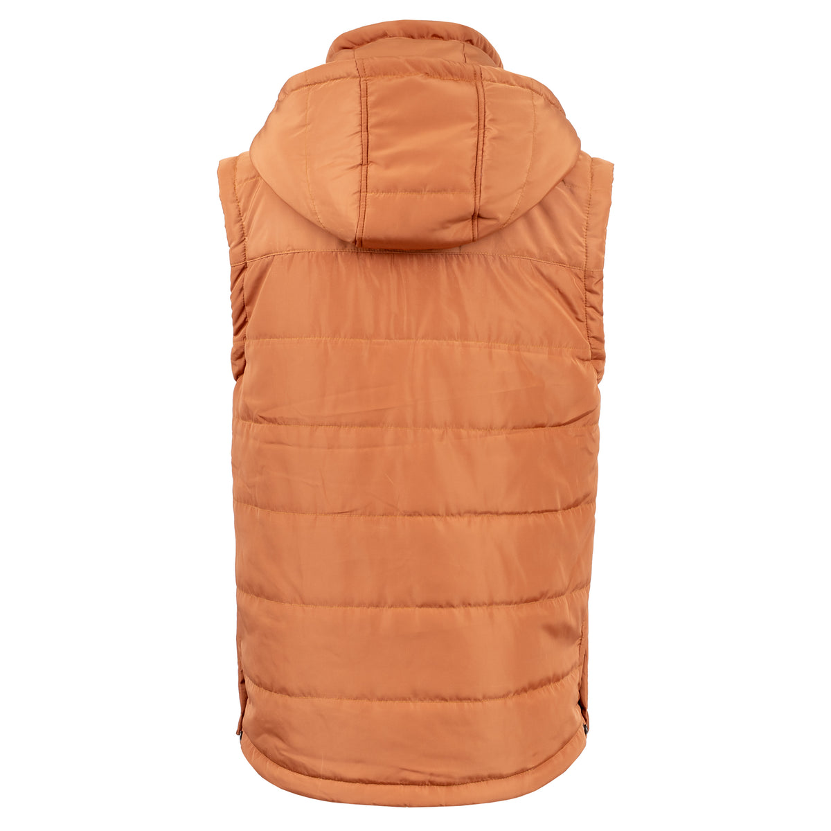 Back of our rust orange zip up puffer vest with a removable hood on a white background.