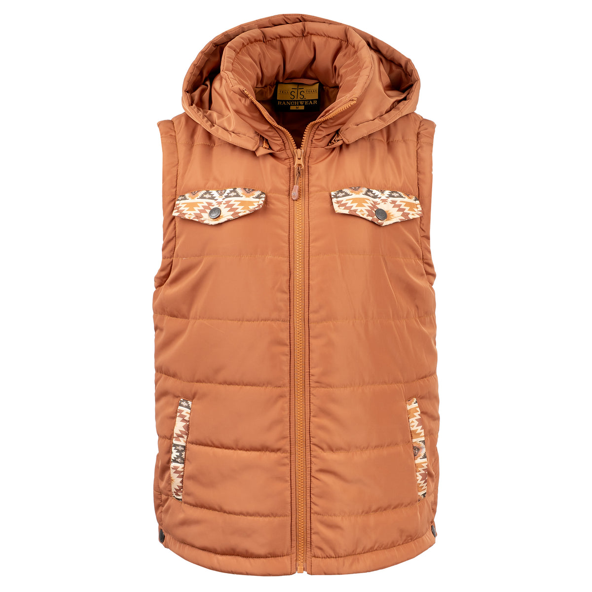 Rust orange zip up puffer vest with aztec accents and a removable hood on a white background.