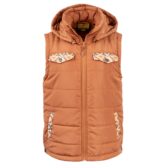 Rust orange zip up puffer vest with aztec accents and a removable hood on a white background.