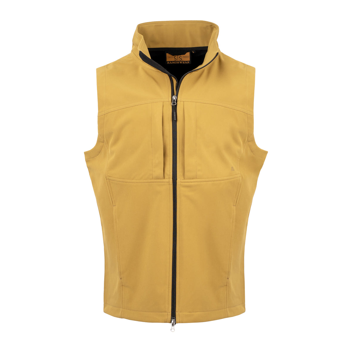 curry yellow fleece lined, zip up vest on white background