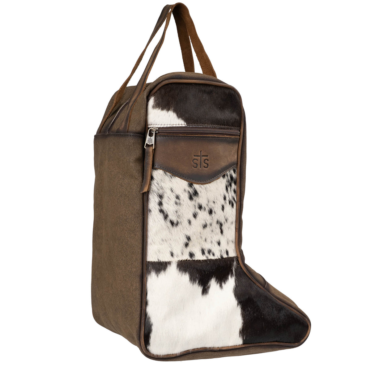 Sling cowboy boot bag with cowhide hair on hide shell, 1 zip closure pocket and leather carrying handle on a white background.