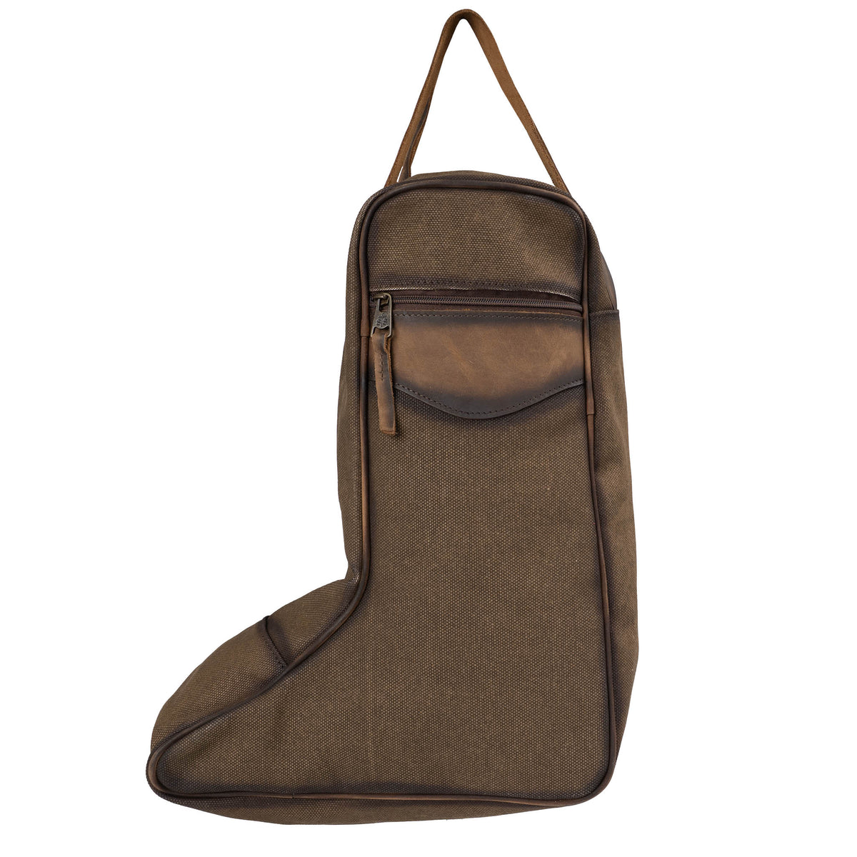 Sling cowboy boot bag with canvas shell, 1 zip closure pocket and leather carrying handle on a white background.