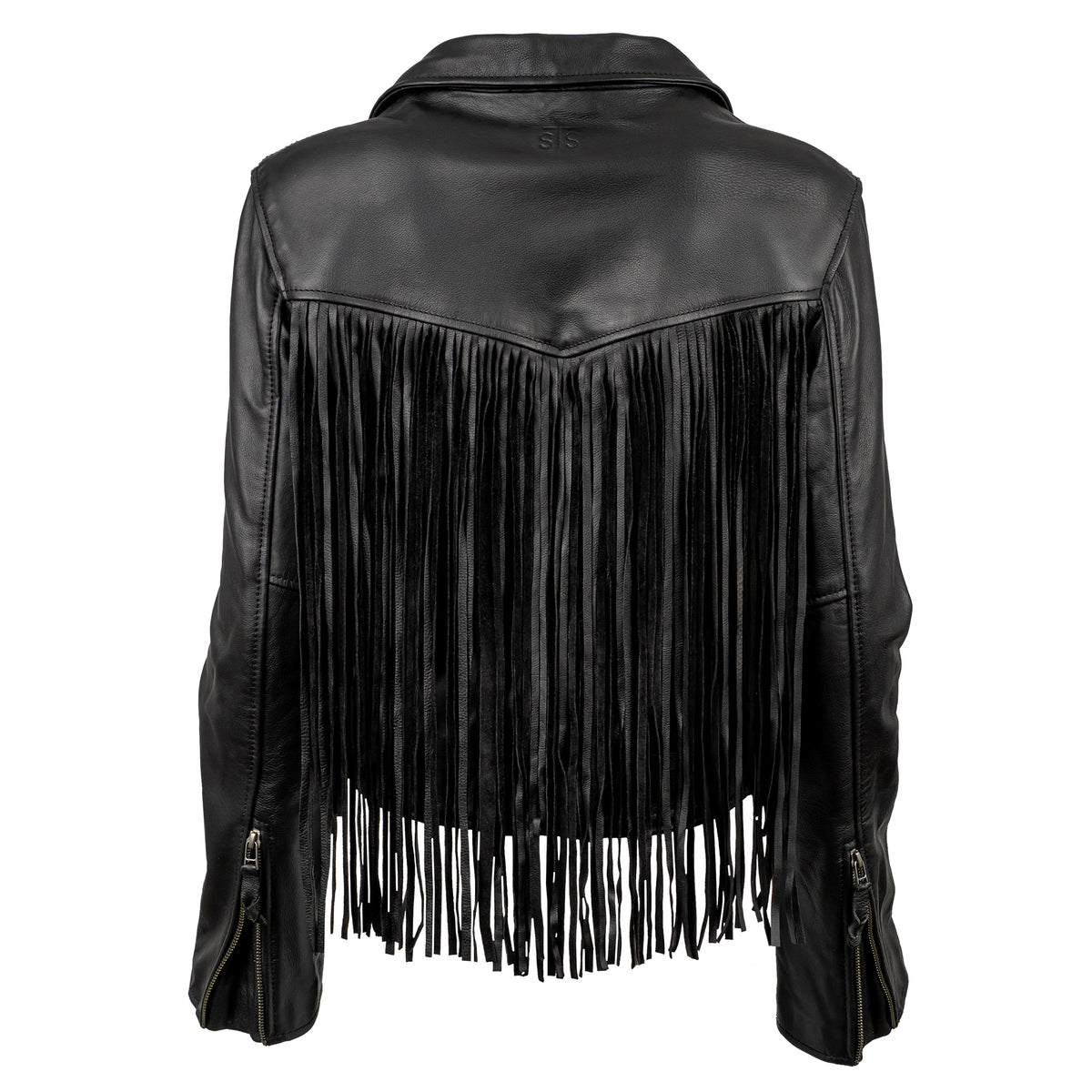 back of our black leather jacket with fringe detailing and asymmetrical zipper front closure on white background