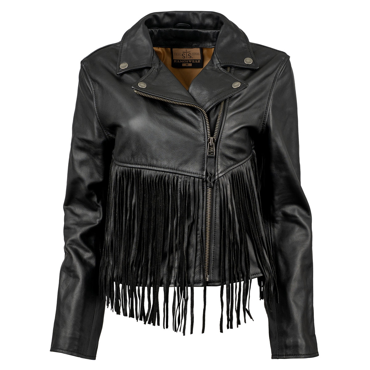 black leather jacket with fringe detailing and asymmetrical zipper front closure on white background