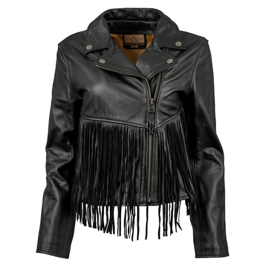 black leather jacket with fringe detailing and asymmetrical zipper front closure on white background