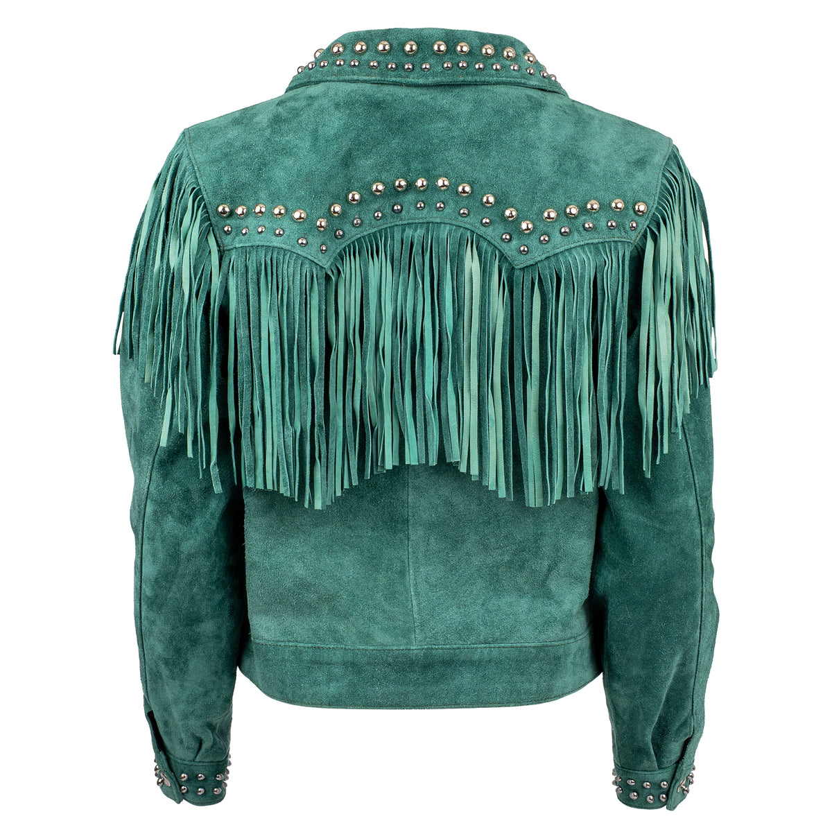 Back of our emerald green suede jacket with hand studded detailing, fringe and snap front closure on white background.