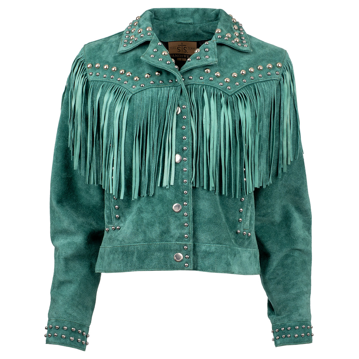 Emerald green suede jacket with hand studded detailing, fringe and snap front closure on white background.