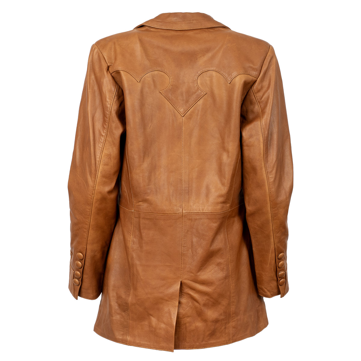 Back of a brown genuine leather jacket with western yoke and snap wrist cuffs.
