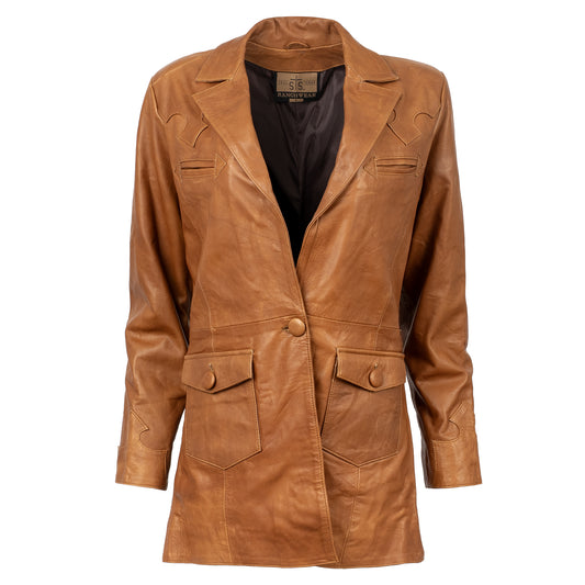 Brown genuine leather jacket with front button closure and two buttoned waist pockets on white background.