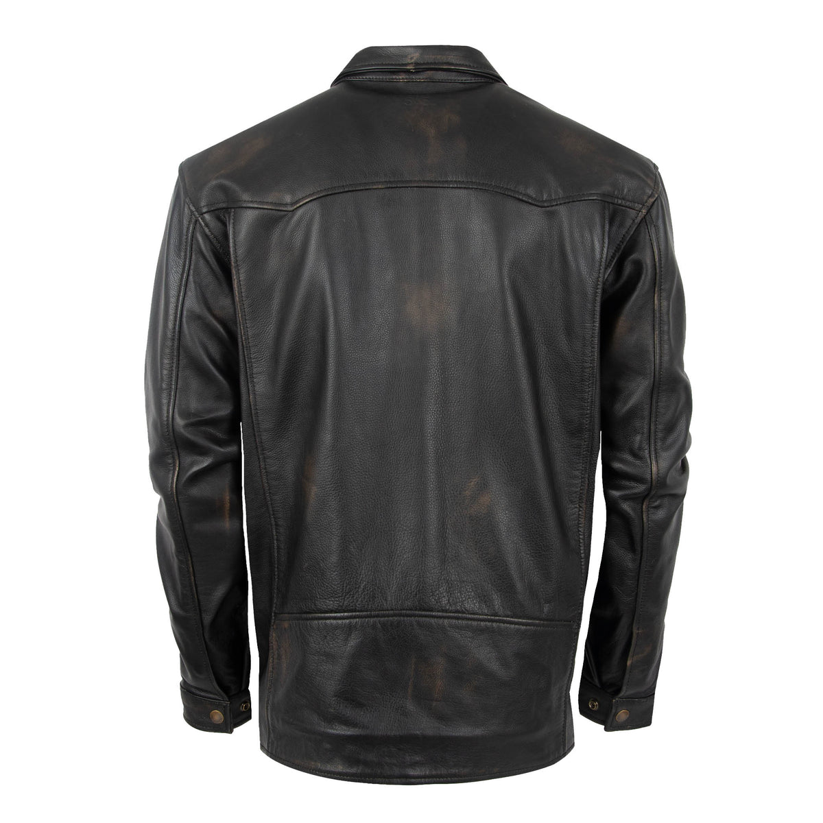 Back of a men's black genuine leather rancher jacket with adjustable snap cuffs on the wrists.