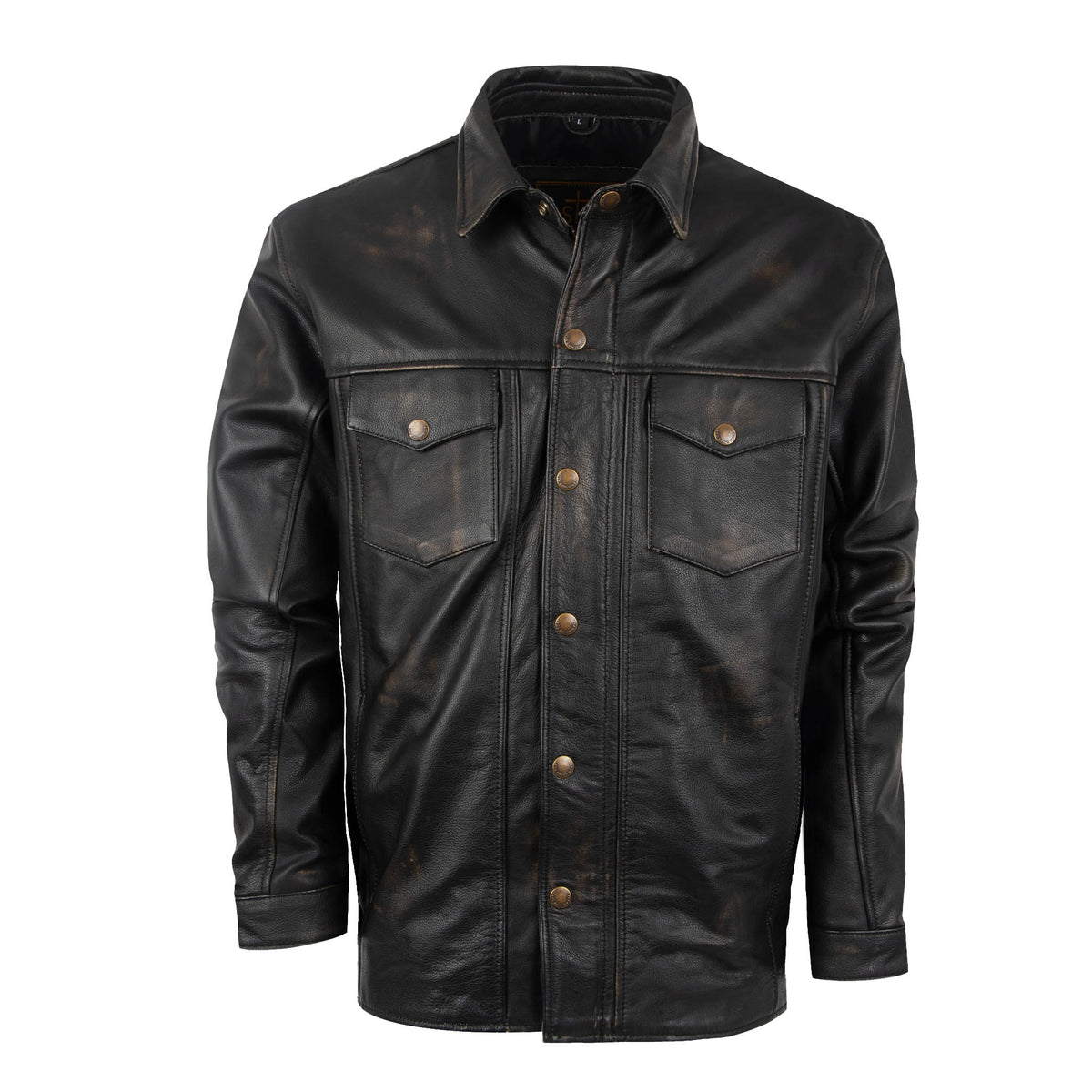 A men's black genuine leather rancher jacket with long sleeves, chest pockets and snap front closure.