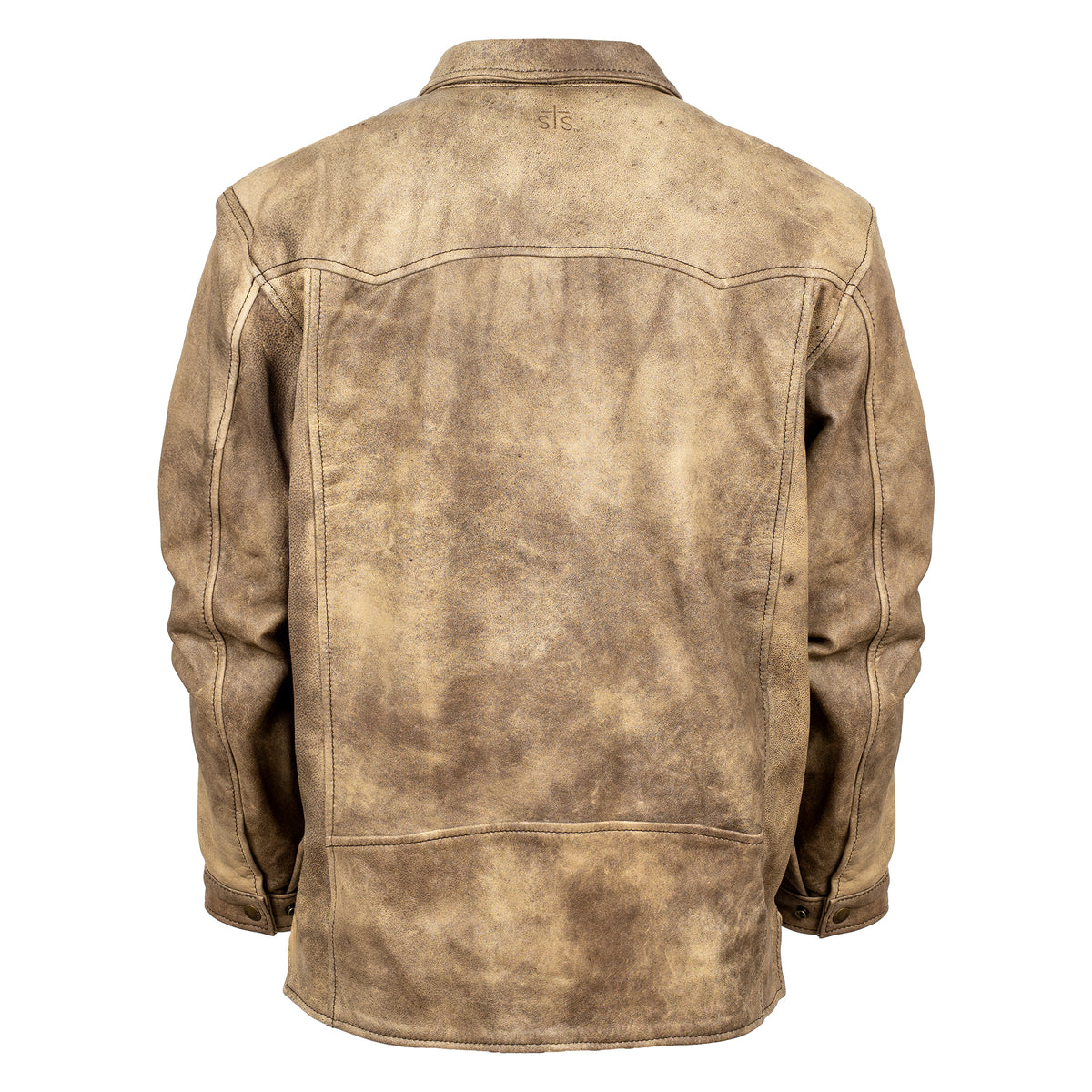 back of our dappled dun beige leather jacket with front snap closure, two chest  pockets, and hand warming pockets on white background