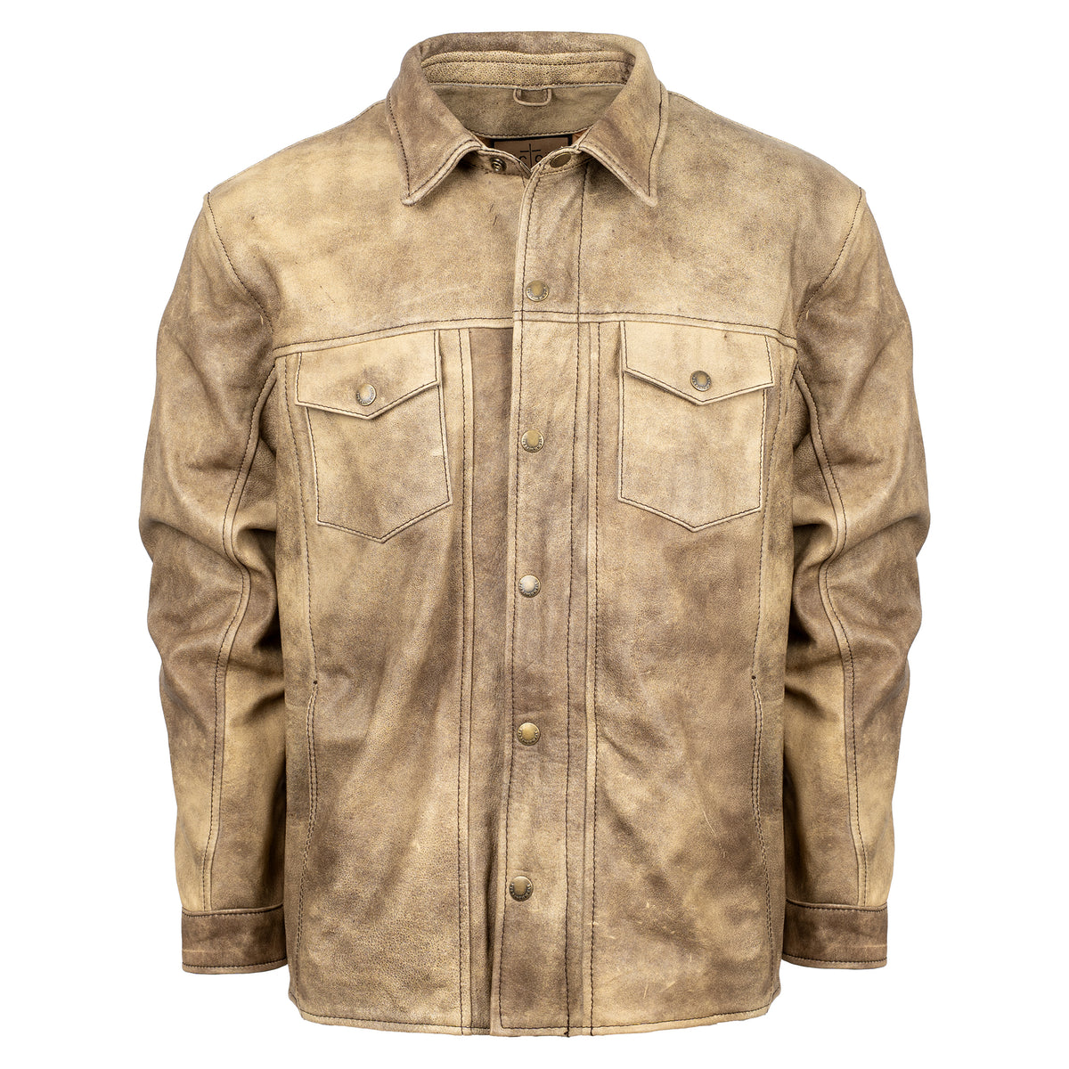 dappled dun beige leather jacket with front snap closure, two chest pockets, and hand warming pockets on white background