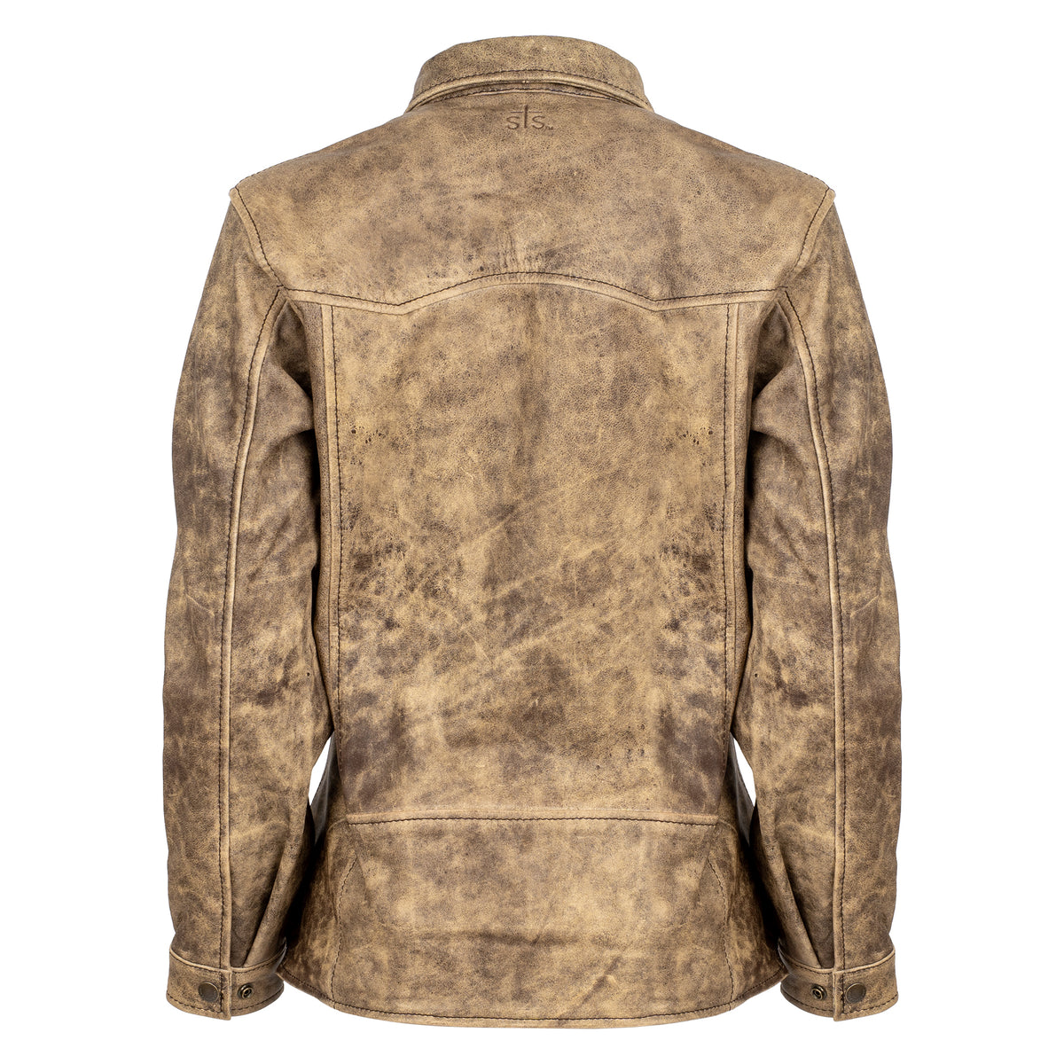 back of our dappled dun beige leather jacket with front snap closure, two chest pockets, and hand warming pockets on white background